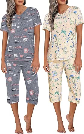 Ekouaer 2 Pack Women's Sleepwear Capri Pajama Sets Short Sleeve Two-Piece Pjs V Neck Tops & Capri Pants with Pockets S-3XL