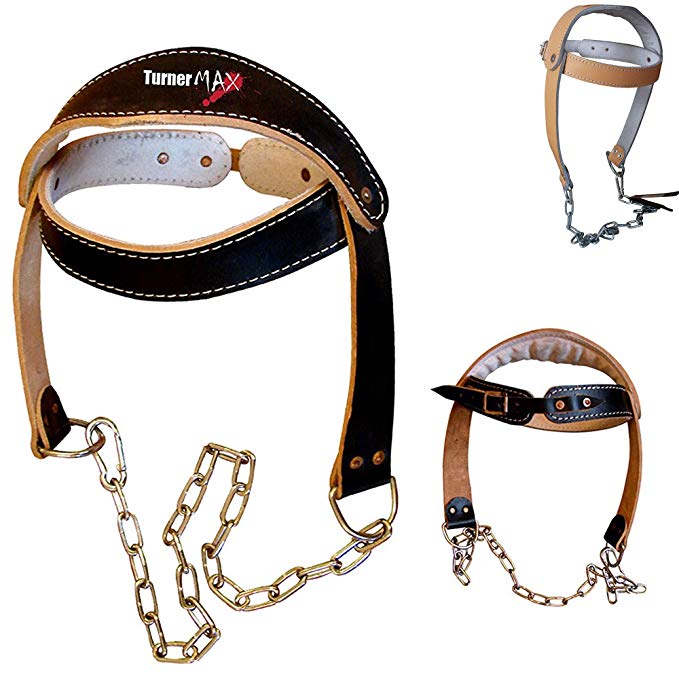 TurnerMAX Head Harness Neck Weight Lifting Training Belt with Chain, Black, Leather