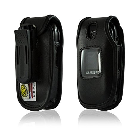 Turtleback Black Leather Case for Samsung U360 Gusto Flip Phone with Rotating Belt Clip - Made in USA