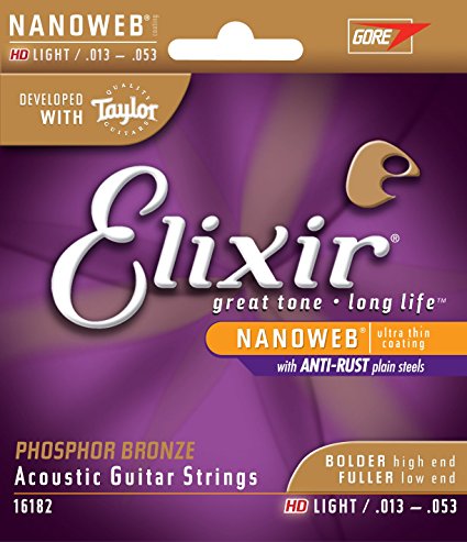 Elixir Strings Phosphor Bronze Acoustic Guitar Strings w NANOWEB Coating, HD Light (.013-.053)