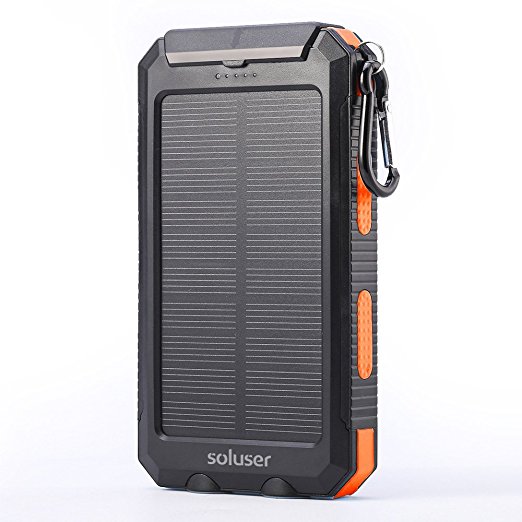 Soluser 10000mAh Portable Solar Charger External Backup Battery Pack Charger, IP67 Water-Resistant 2 USB Ports Solar Power Bank Phone Charger with 2LED Flashlight, Carabineer and Compass