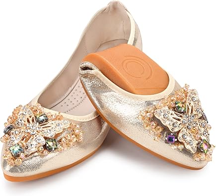 KUNWFNIX Women Ballet Flats Rhinestone Wedding Ballerina Shoes Foldable Sparkly Comfort Slip on Flat Shoes