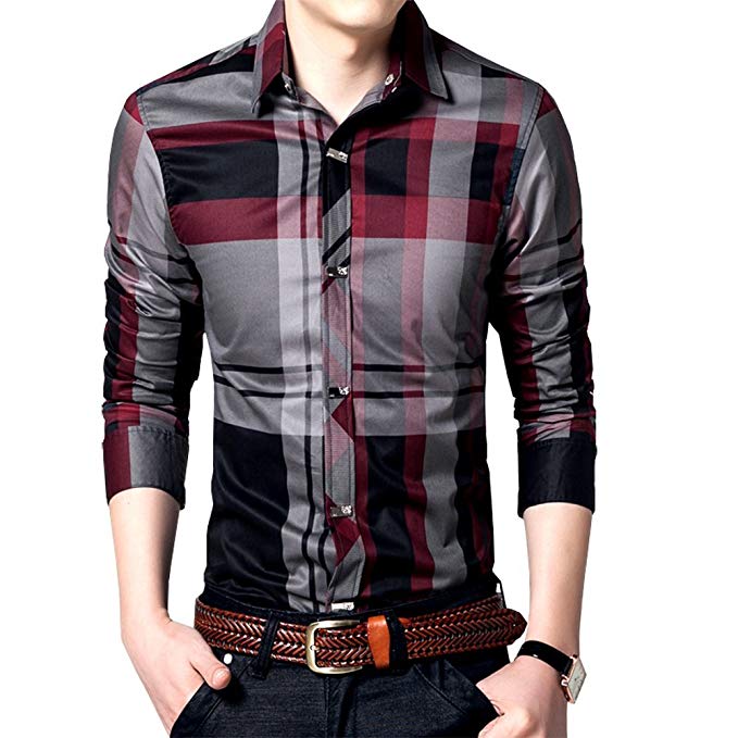 Womleys Mens Long Sleeve Slim Fit Casual Snap Buttons Plaid Dress Shirts