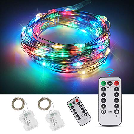 ANJAYLIA 2 Pack 33ft 100 LED Fairy Lights Battery Operated Waterproof Twinkle String Lights Copper Wire Dimmable Firefly Lights with Remote Control Timer, Multi Color
