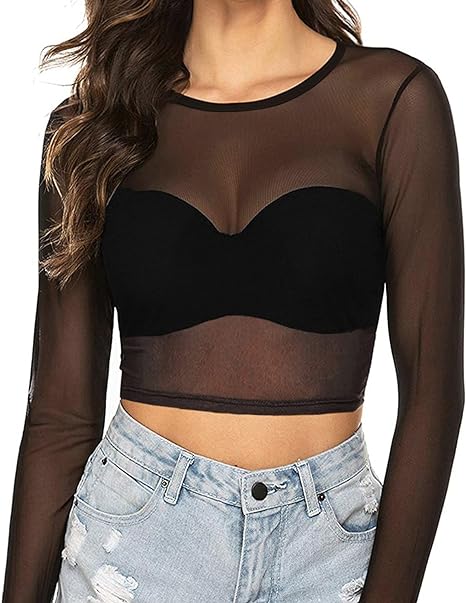 MANGOPOP Women's Short Sleeve Long Sleeve Sheer Mesh Crop Tops Tee Shirt Blouse