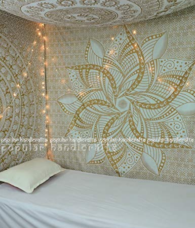 Popular Handicrafts Kp649 Large Moon Ombre Gold Tapestry Indian Mandala Wall Art Hippie Wall Hanging Bohemian Bedspread Multi Purpose Tapestries 84x90 Inches, White Gold