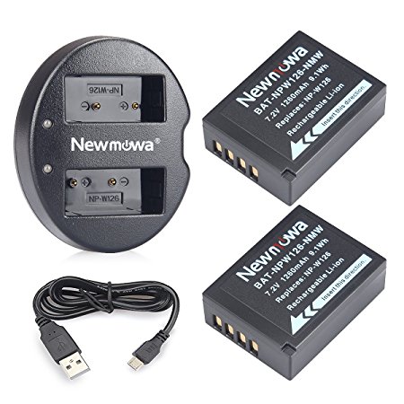 Newmowa NP-W126 Battery (2 pack) and Dual USB Charger for Fujifilm NP-W126 NP-W126S and Fuji FinePix HS30EXR HS33EXR HS50EXR X-A1 X-E1 X-E2 X-M1 X-Pro1 X-T1 X-T2