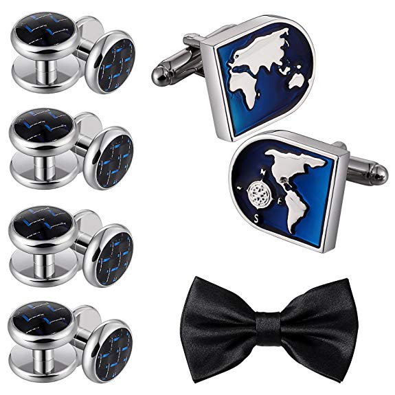 Aienid Jewelry Men's World Map Stainless Steel Shirts Cufflinks Silver Blue Tone by