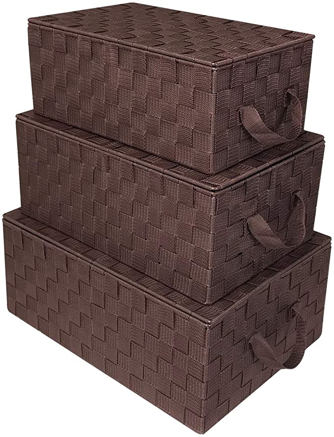 Sorbus Storage Box Woven Basket Bin Container Tote Cube Organizer Set Stackable Storage Basket Woven Strap Shelf Organizer Built-in Carry Handles (Woven Lid Baskets - Chocolate)