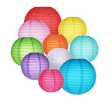 10 Packs Paper Lanterns GoFriend Colorful Chinese Round Lantern Balloon Hanging Decorations with Assorted Rainbow Colors and Sizes for Birthday Wedding Baby Shower Home Decor Ceiling Party Supplies