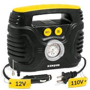 Kensun Durable Easy-to-Operate Dual Power Portable Tire Inflator Air Compressor for Use from Home Outlet (110V AC) & Car Cigarette Lighting Socket (12V DC)
