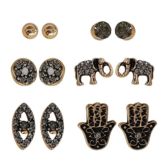 HUIMEI Vintage Elephant Hand Evil Eye Round Ball Gold Silver Plated Stud Earrings For Women 6pairs