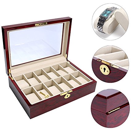 Wooden Watch Box 12 Slots Display Clear Top Jewelry Case Organizer