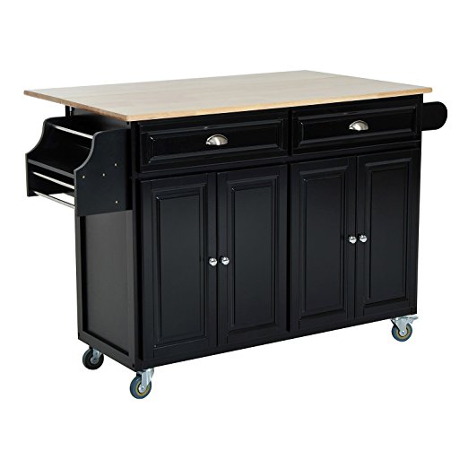 HomCom Rolling Kitchen Island Storage Cart w/ Drop Leaf Top - Black