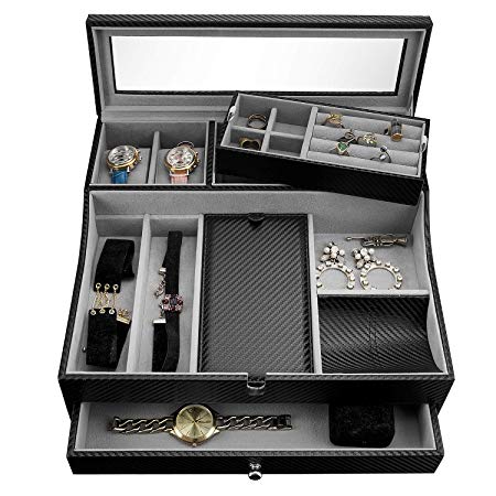 Valet Tray for Men| Sleek Dresser-Organizer Box for Storage & Display| Perfect for Phone, Watches, Sunglasses, Jewelry, Wallet, Rings, Necklace & More| Carbon Fiber & Faux Leather