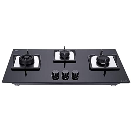 Elica Hob 3 Burner Auto Ignition Glass Top - 1 Large, 1 Medium & 1 Small Brass Burners (Flexi Swirl 3b 75 Mt)