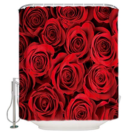 Vandarllin Home&Family Waterproof Fabric Bathroom Shower Curtain with Hooks Red Rose Flower Floral Print Design 66 x 72