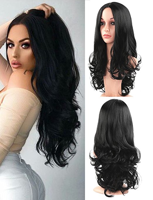 Fani Wigs Long Wavy Black Wigs for Women Body Wave Middle Part Heat Resistant Synthetic Full Wig Cosplay Wigs with Free Wig Cap