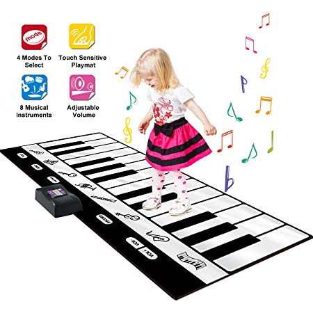 SGILE Keyboard Dance Mats 70.8'' - 24 Keys Giant Electronic Piano Playmat - Musical Instrument Floor Mat with Record, Playback, 8 Musical Instruments Key, 10 Music Tone and Adjustable Vol - Music Party Games Educational Toy Gifts for Kids Toddlers Girls