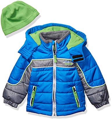 London Fog Boys' Color Blocked Puffer Jacket Coat with Hat