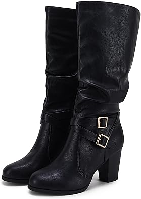 Ermonn Womens Mid Knee High Boots Chunky Heel Slouchy Metal Buckle Side Zipper Fashion Winter Shoes