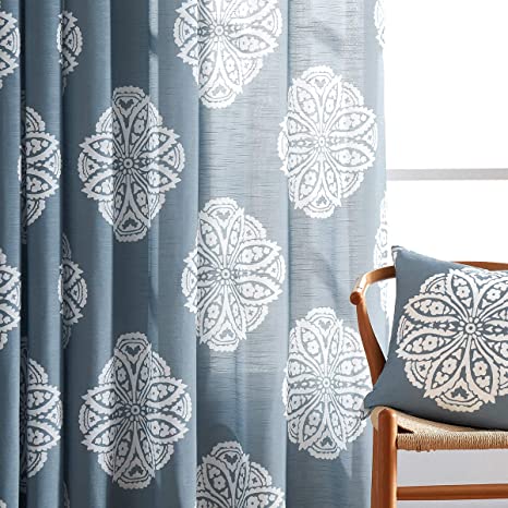 White and Blue Semi-Sheer Curtains for Living Room 84" Floral Medallion Print Window Panels Grommet Top 2 Pc