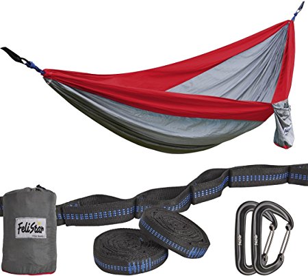 Hammock By Felistar- Backpacking Portable Parachute Nylon Hammock With Tree Straps & Alloy Carabiners For Camping, Garden, Backyard,Hiking &Traveling- Double Size& Single Size
