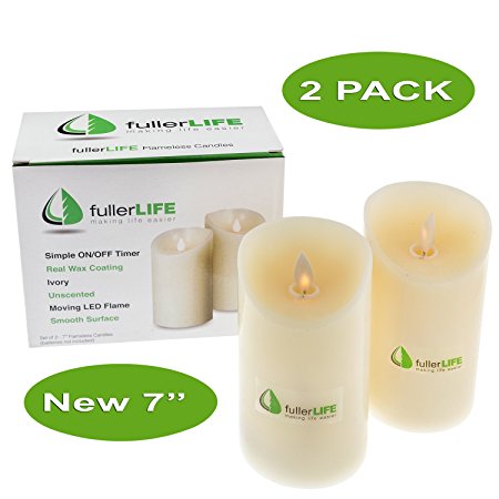 fullerLIFE - Flameless Candles 7" Set of 2 Battery Operated Moving Wick LED Ivory Unscented