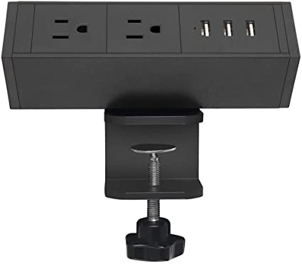 Aluminum Alloy Desk Clamp Power Strip, Desktop Edge Mount Removable Desk Outlets, Power Outlet Plugs with 2 AC Outlet and 3 USB