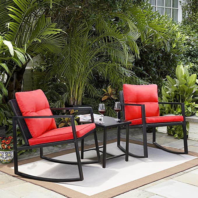 Greesum GS-3RRCSRD 3 Pieces Patio Furniture Set,Glass Coffee Table, Red