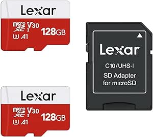 Lexar Micro SD Card Up to 100MB/s(R), 128G MicroSDXC Memory Card   SD Adapter with A1, C10, U3, V30, 4K Video Recording, TF Card (2 microSD Cards   1 Adapter)