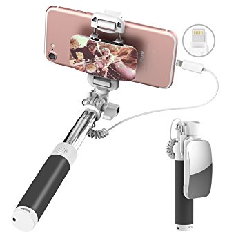 ROCK Mini iPhone 7 Selfie Stick with iPhone Lightning Wire Control & Mirror[5.5" to 24"][Sponge Handle]for iPhone 7/7 Plus and Other iPhone with Lightning Connector (Black)