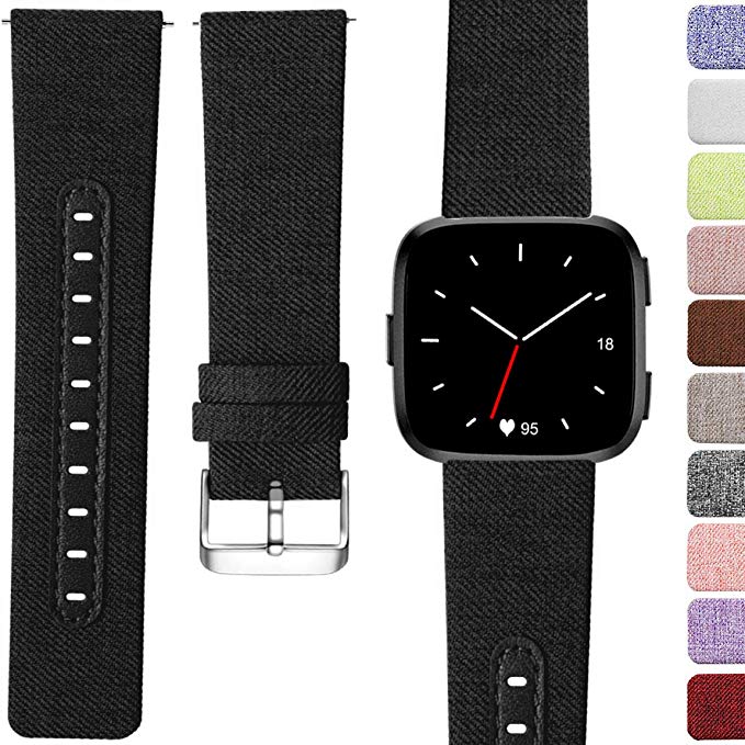 Maledan Replacement Bands for Fitbit Versa Women Men Large Small, Woven Fabric & Genuine Leather Breathable Accessories Strap Band for Fitbit Versa Smart Watch