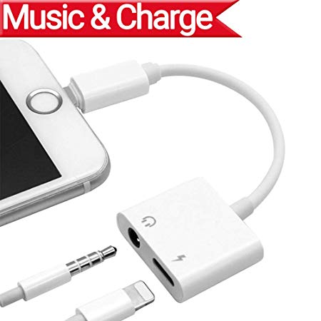 Lightnig to 3.5mm Audio Adapter  Charger Adapter for iPhone 7/7Plus iPhone 8/8Plus iPhone X to 3.5mm Headset Headphone.2 in1 Lightnig Jack to 3.5mm Headphone Adapter for iPhone 7.Headphone Audio Splitter and Charging Adaptor(Support Audio Charge Volume Control Compatible All iOS Systems)-White