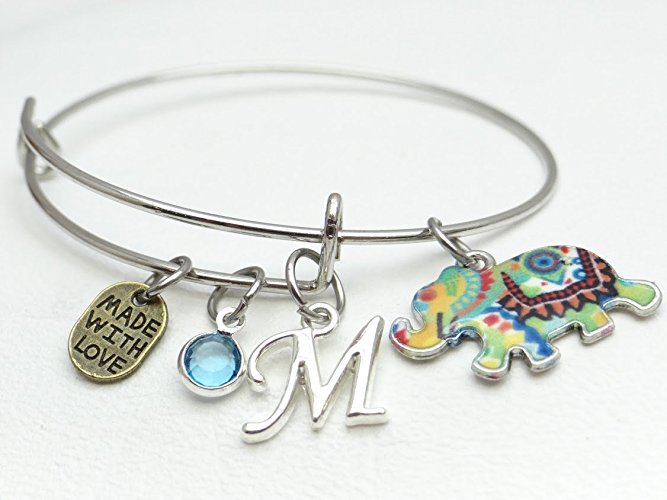 Personalized Initial and Birthstone Bracelet, Lucky Elephant Bracelet, Psychedelic Bracelet