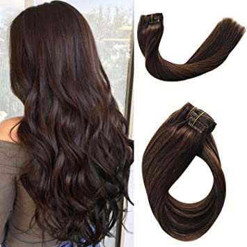 Clip in Real Human Hair Extensions Ponytail Real Remy Human Hair Extensions Clip on 120g Thicken Double Weft Full Head Long Soft Silky Straight 120g 7pcs 17 Clips #2 Dark Brown 18 Inch