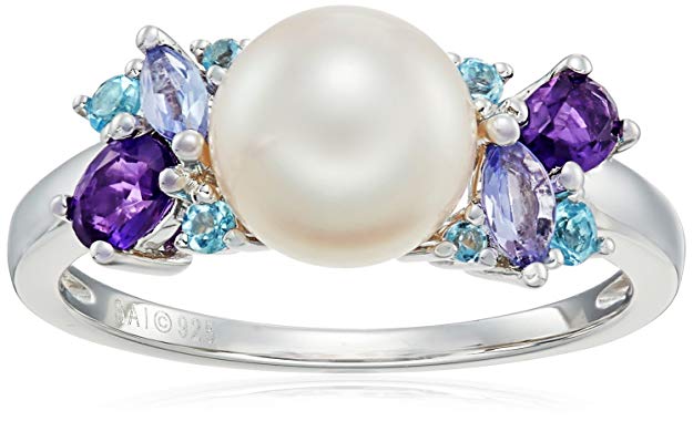 Sterling Silver Pearl, Amethyst, Tanzanite and Swiss Blue Topaz Ring, Size 7