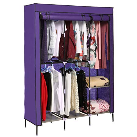 Korie Clothes Closet Portable Wardrobe Closet Organizer Storage Double Rod Closet (US Stock) (_Violet)