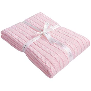 NTBAY 100% Cotton Cable Knit Throw Blanket Super Soft Warm Multi Color (51 x 67 inches, Baby Pink)