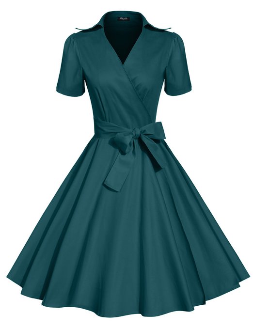 ACEVOG 50s 60s Vintage Short Sleeves Swing Rockabilly Full Circle Party Dress