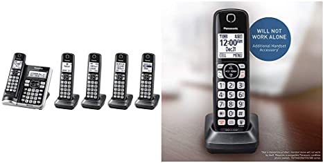 PANASONIC Link2Cell Bluetooth Cordless Phone System with Voice Assistant - 5 Handsets - KX-TGF575S (Silver) & Cordless Phone Handset Accessory (Black)