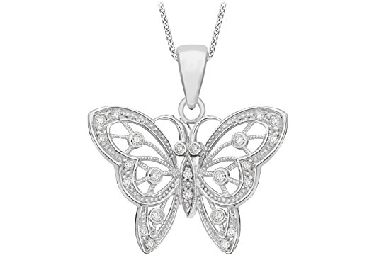 Tuscany Silver Sterling Silver Fancy Cubic Zirconia Butterfly Pendant on Adjustable Curb Chain of 41cm/16"-46cm/18"
