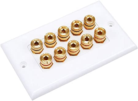 Monoprice 103539 Banana Binding Post Two-Piece Inset Wall Plate – White – Coupler Type For 5 Speakers