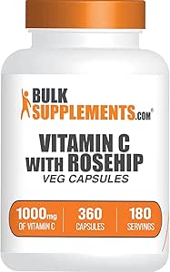 BulkSupplements.com Vitamin C with Rose HIPS Capsules - Vitamin C 1000mg & Rosehips 15mg, for Immune Support - Vegan, 2 Capsules per Serving, 360 Veg Capsules (Pack of 1)