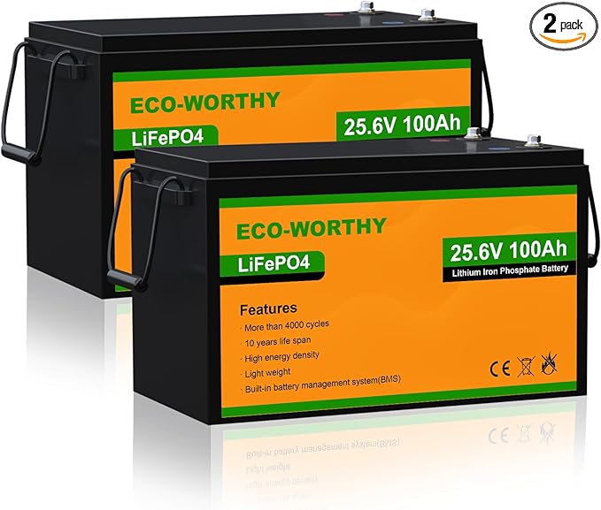 ECO-WORTHY 24V 100Ah 2 Pack Mini Size LiFePO4 Lithium Battery, 3000  Deep Cycle, can be Series to 48V 100Ah, for Off Grid Solar Panel Kit, 70-86 LBS Trolling Motor, Golf Cart, Camper/RV, UPS, Boat