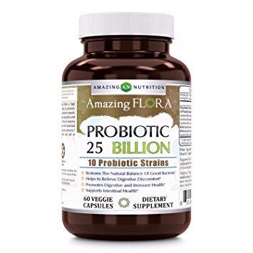 Amazing Flora Probiotic 25 Billion With 10 Best Probiotics Strains Including Acidophilus, plantarum, rhamnosus etc * Supports Digestive & Immune Health * 60 Veggie Capsules