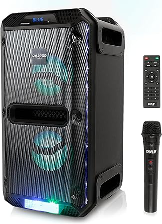 Pyle Portable 500W PA Speaker System - Outdoor Wireless Bluetooth Compatible Battery Powered Rechargeable Karaoke Sound Speaker Microphone Set w MP3 USB FM Radio AUX DJ LED Lights