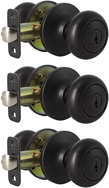 3 Pack Keyed Entry Door Lock for Exterior and Front Door, Keyed Alike Round Door Knobs Handle with Lock and Key, Oil Rubbed Bronze Finish