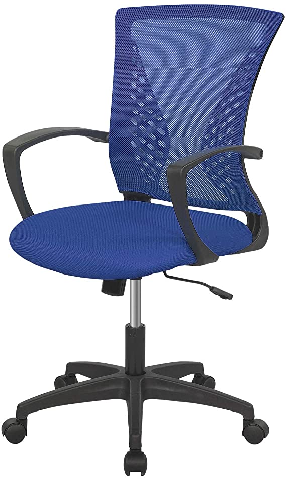 Home Office Chair Mid Back PC Swivel Lumbar Support Adjustable Desk Task Computer Ergonomic Comfortable Mesh Chair with Armrest (Blue)