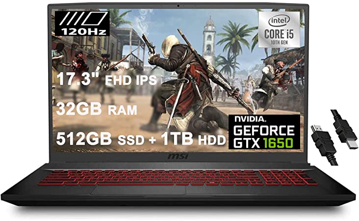 2020 MSI GF75 Thin Gaming Laptop 17.3" FHD 120Hz IPS Display 10th Gen Intel Core i5-10300H(&gt;i7-8750H) 32GB RAM 512GB PCIe SSD   1TB HDD GeForce GTX 1650 4GB, Backlit Win 10   iCarp HDMI Cable